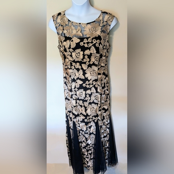 Alex Evenings/David's Bridal, Champagne-Black, Embroidered, Tulle Godets, Sz. 16 - Picture 2 of 15